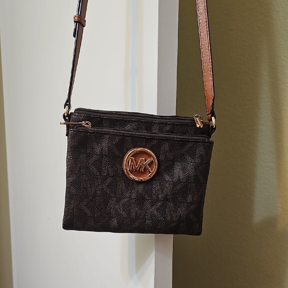 Michael Kors Dark Brown Crossbody Bag with Gold Accents